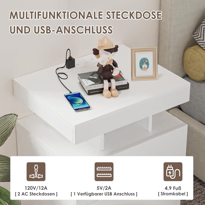 PIPIPOXER Nachttisch mit LED Licht,Nachtschrank mit Steckdose und Ladefunktion,Nachschrank mit 2 Sch