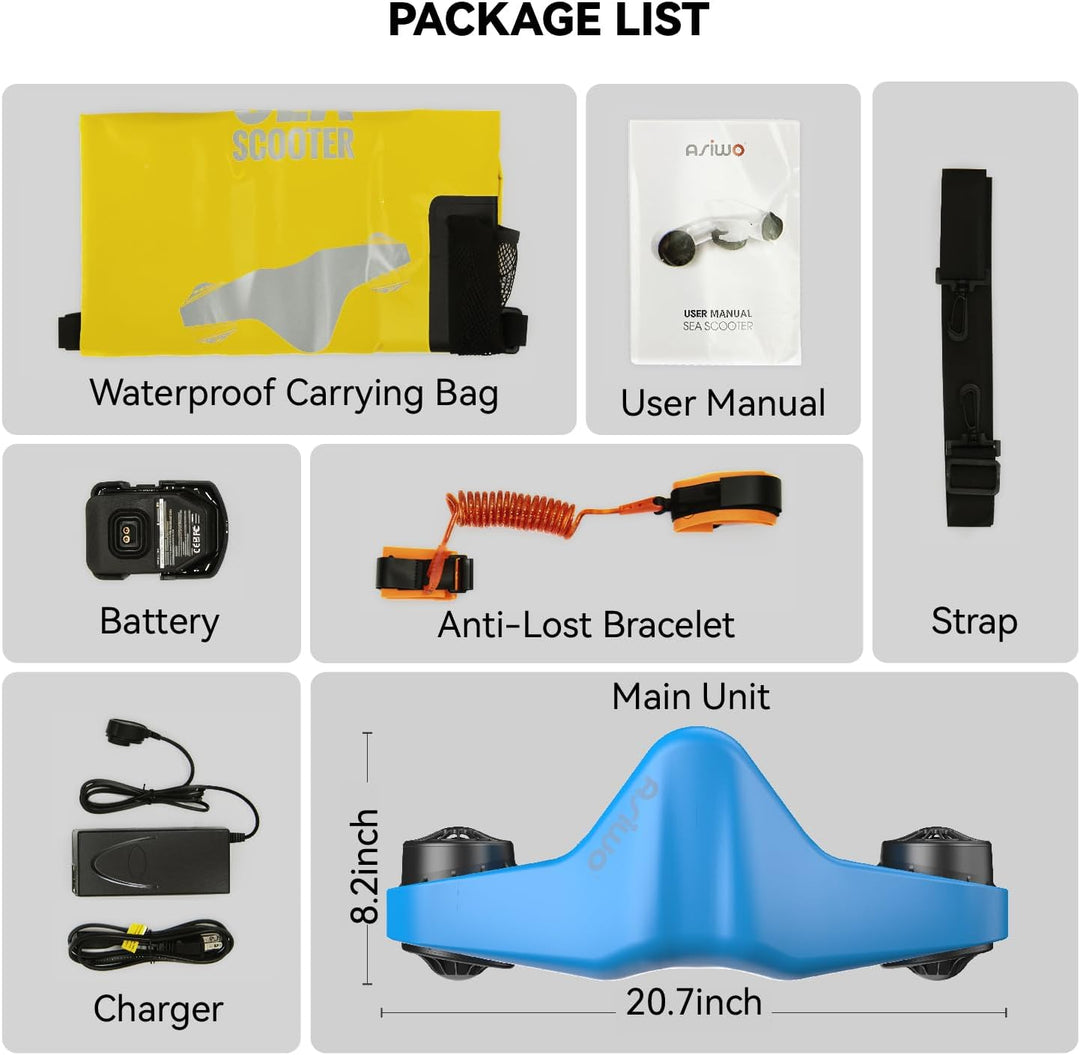 Asiwo Unterwasserscooter Tauchscooter mit 2 Batterien Action Kamera Halterung, Seascooter mit Doppel