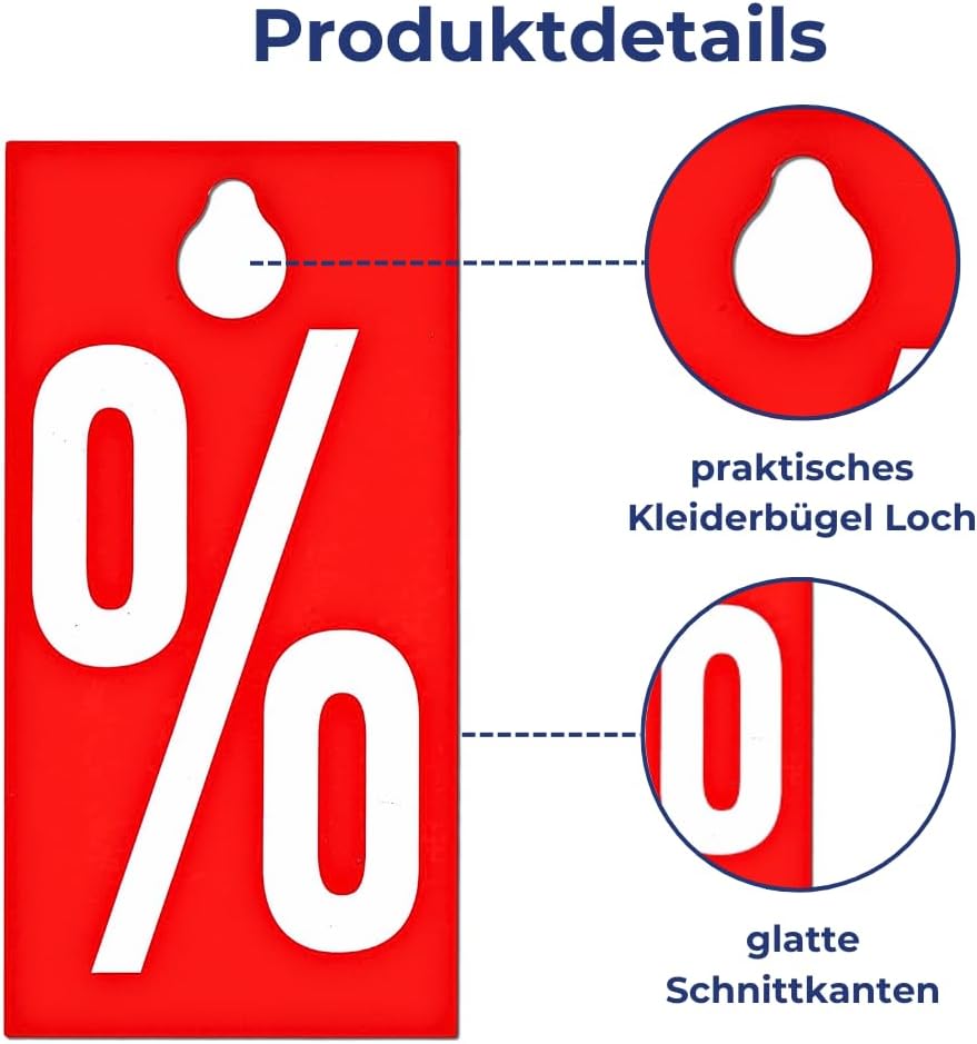 POKORNYS – 100 rote Aktionsetiketten (95 x 115 mm) "%" mit Loch I Kleiderbügelhänger I Sale Etikette