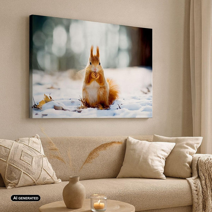 Bilder auf Leinwand 100x70cm Leinwandbild Eichhörnchen Winter Schnee Essen Gross Wanddeko Bild Schla