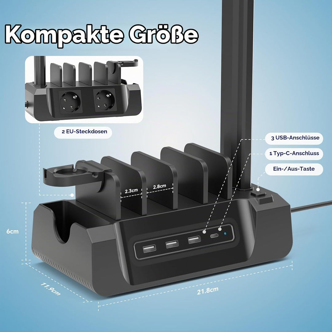 KDD Ladestation für Mehrere Geräte mit 6 Port – 6 in 1 Handy Ladestation mit Kopfhörer &amp; Uhrenhalter