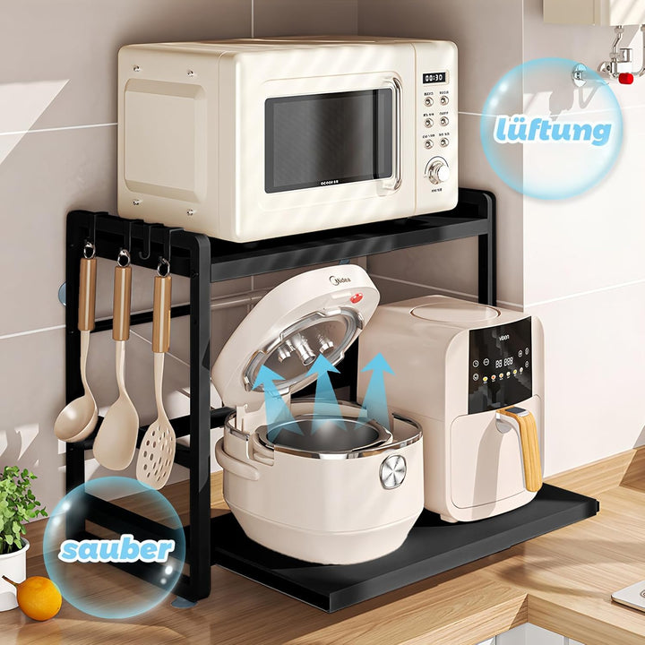 2-stüfiges Mikrowellenregal – Höhenverstellbare & Ausziehbare Küchen-Ablage mit Schublade – Aus Kohl