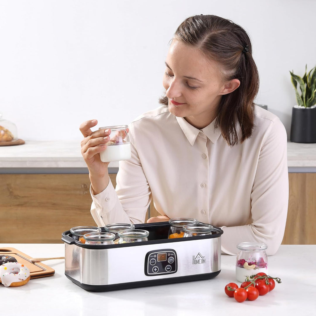 HOMCOM Joghurtbereiter 25W Joghurtmaschine mit LCD-Display 8 Joghurtgläser mit Deckel aus Glas 180ml
