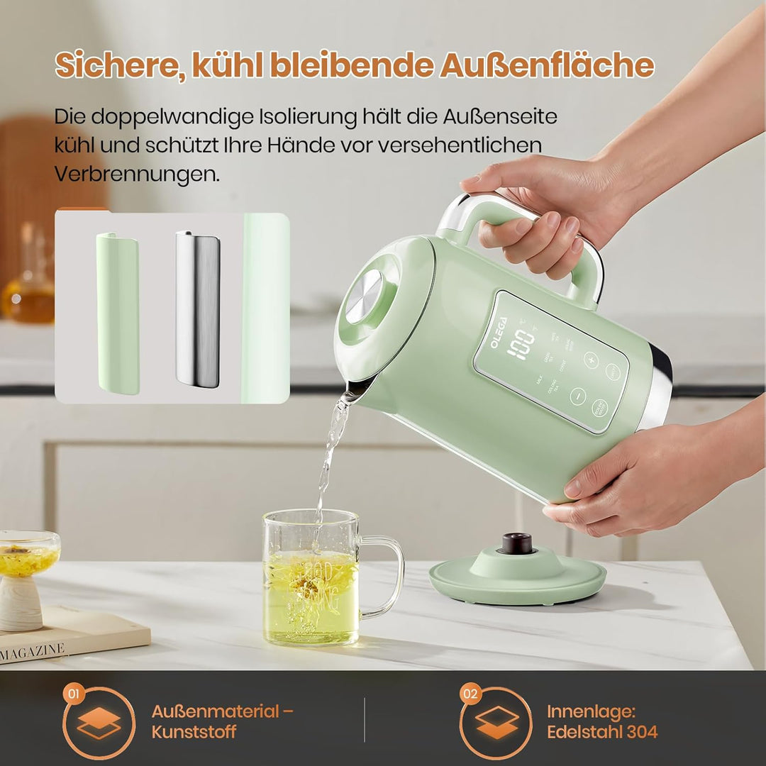 OLEGA Wasserkocher: 1800 W Wasserkocher mit Temperaturregelung, 1,5 l Fassungsvermögen, Edelstahl, S