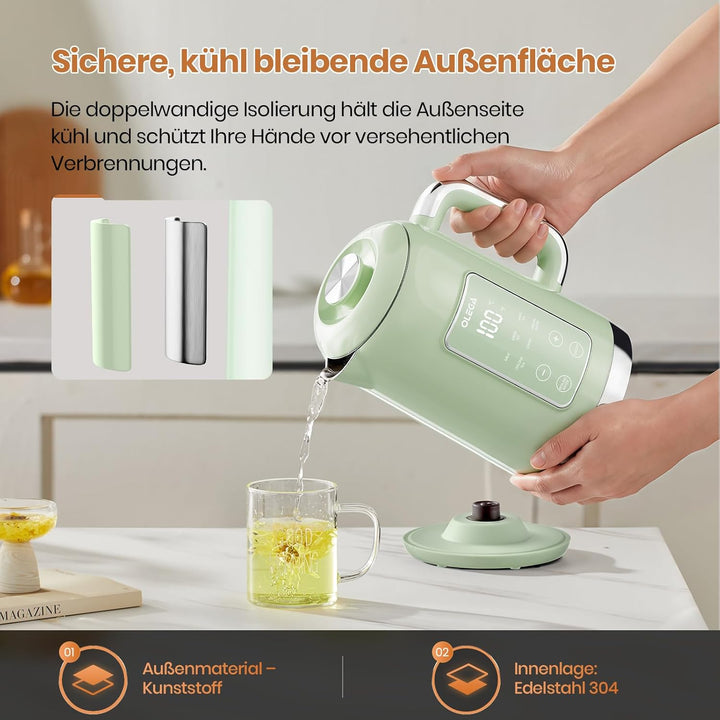 OLEGA Wasserkocher: 1800 W Wasserkocher mit Temperaturregelung, 1,5 l Fassungsvermögen, Edelstahl, S