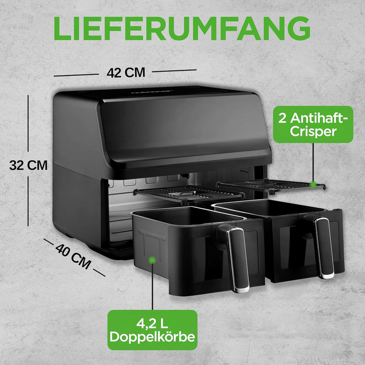 NutriChef Heissluftfritteuse 8L Doppelt – Airfryer mit 2 Fächern, Sichtfenster & 9 Programmen, max.