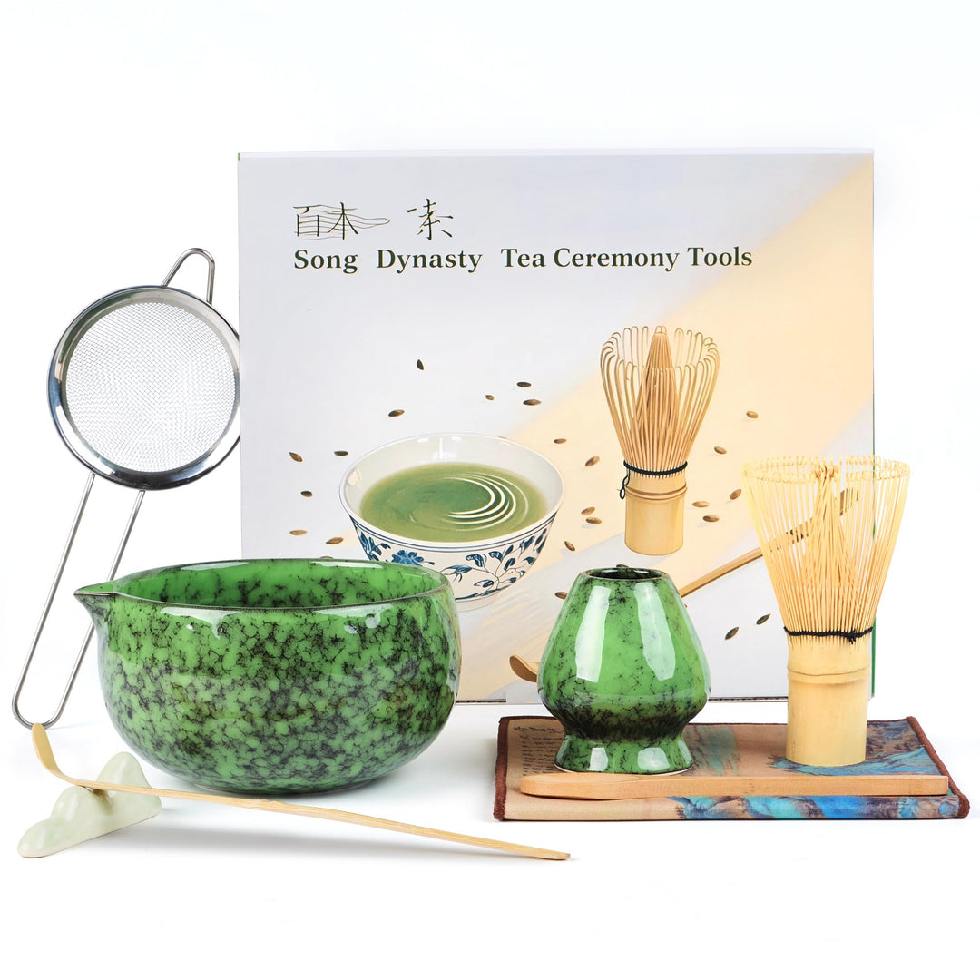 Premium Matcha Tea Set 8- piece Matcha Broom Set with Whisk, Broom Holder, Ceramic Bowl, 2 Teaspoons