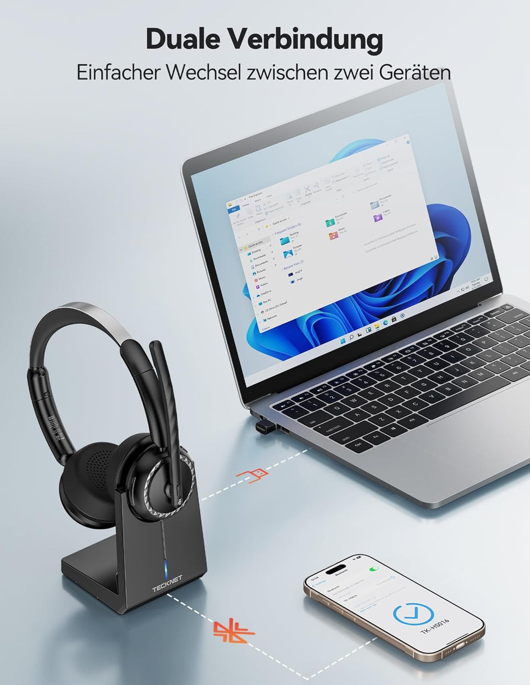TECKNET V5.3 Bluetooth Headset mit Mikrofon, Wireless Headset mit AI Noise Cancelling Mikrofon, Lade