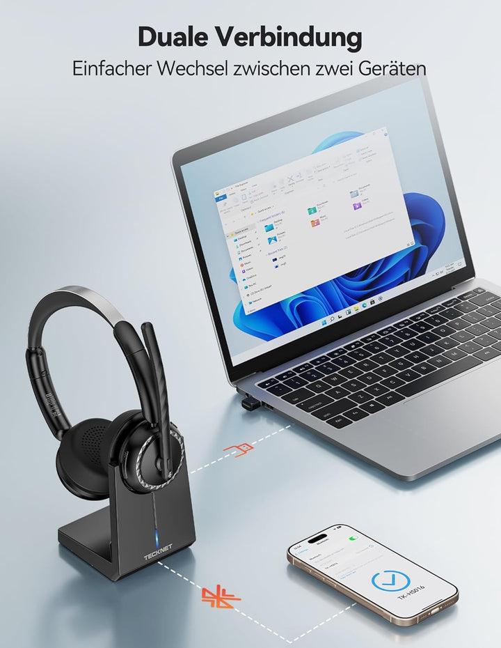 TECKNET V5.3 Bluetooth Headset mit Mikrofon, Wireless Headset mit AI Noise Cancelling Mikrofon, Lade