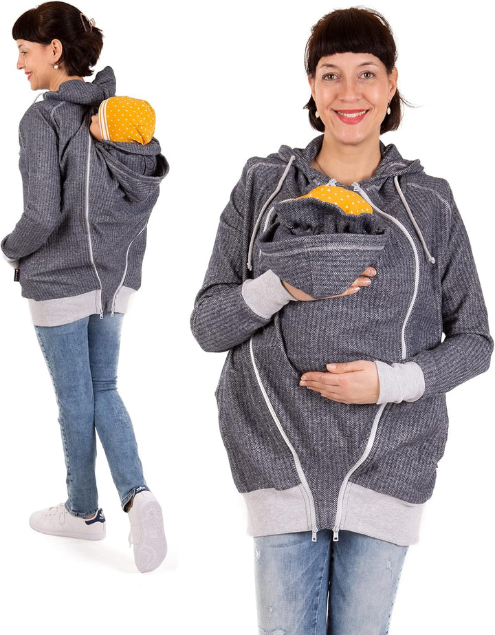 Viva la Mama 3in1 leichte Tragejacke für Mama und Baby, Umstandsjacke - Cleo, XS Anthrazit - Vorn un