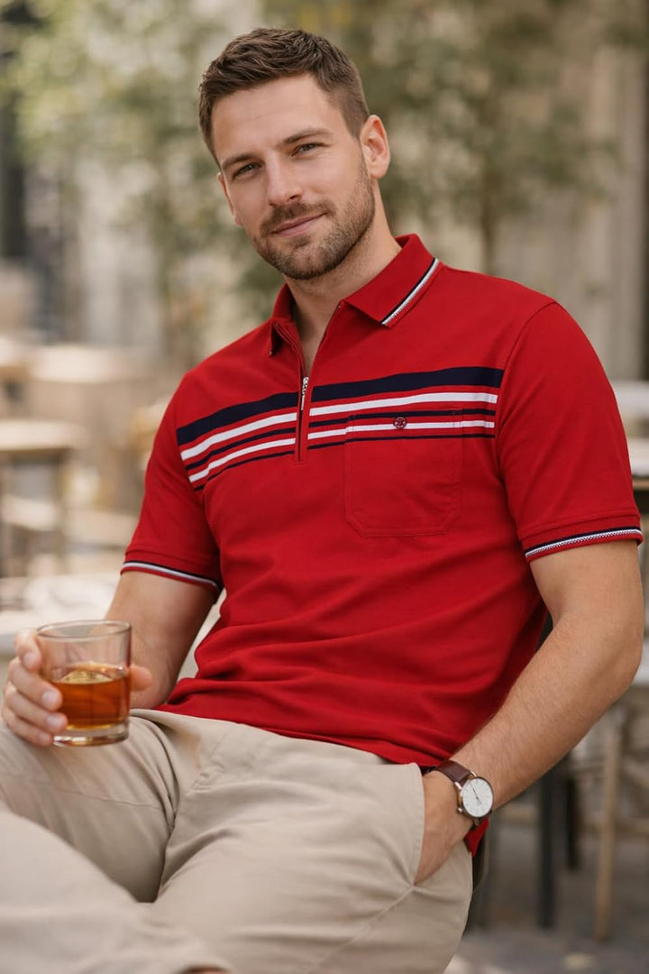 Soltice Herren Kurzarm Poloshirt, Polohemd Kragen, Gestreifte Blousonshirt mit Brusttasche aus Baumw