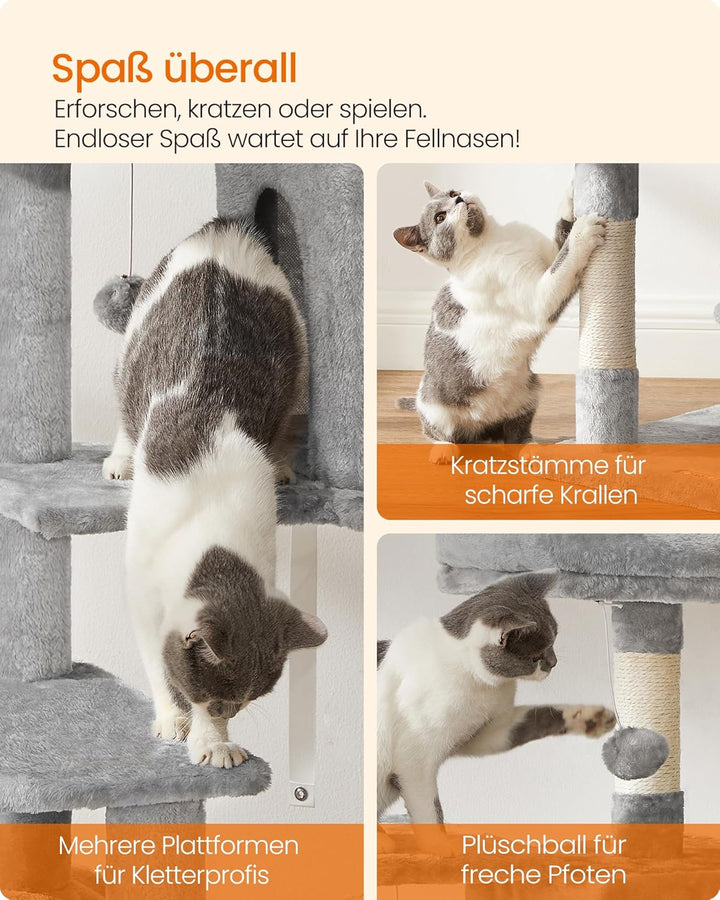 Feandrea Kratzbaum, 143 cm hoch, Katzenbaum, mehrstöckige Katzenhaus, mit 4 Kratzsäulen, 2 Plattform