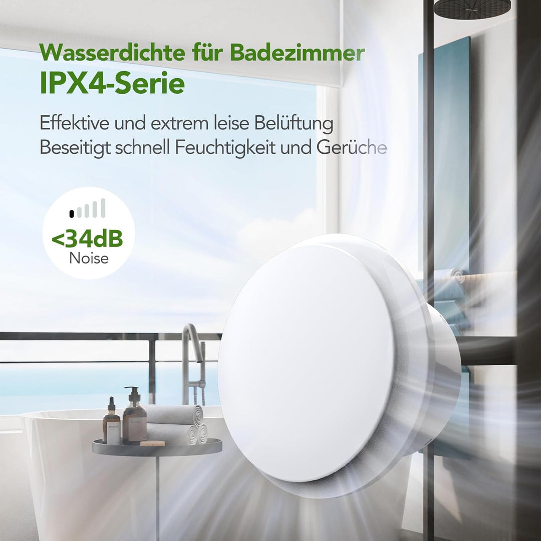 Badlüfter 100mm, 12W Leiser Abluftventilator, 130m³/h Starker Lüftung Wandventilator, Geräuscharme B