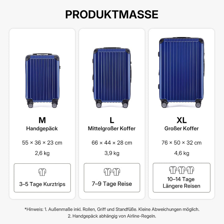 M816 TSA-Schloss Koffer Reisekoffer Trolley Kofferset Hardschale Boardcase (Diamondblau, 3tlg. Koffe