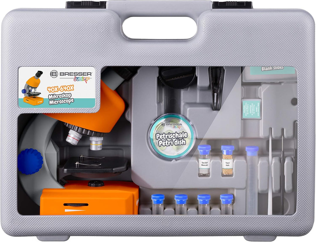 Bresser Junior Mikroskop 40x-640x mit LED-Durchlichtbeleuchtung, Zoom-Monokular, Batteriebetrieb und