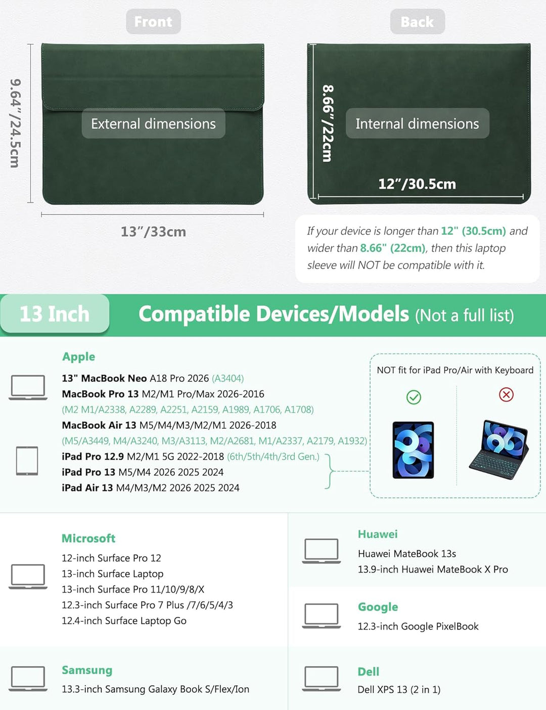 HYZUO 13 Zoll Laptop Hülle mit Standfunktion für 2024-2018 MacBook Air 13 M3 M2 M1, 2024-2016 MacBoo