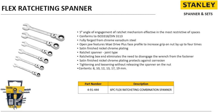 Stanley Ringmaulschlüssel (mit Ratsche 180° schwenkbar Set, 6-teilig, 8/10/12/13/17/19 mm, MaxiDrive