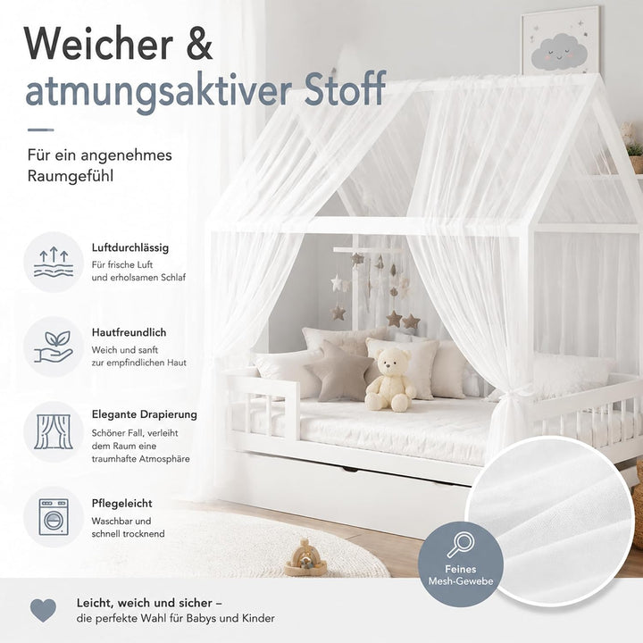 iLuane Kinderbett Baldachin Weiss mit 3 m Baumwoll-Wimpelgirlande, Hausbett Deko Set mit 2 Tüll Vorh