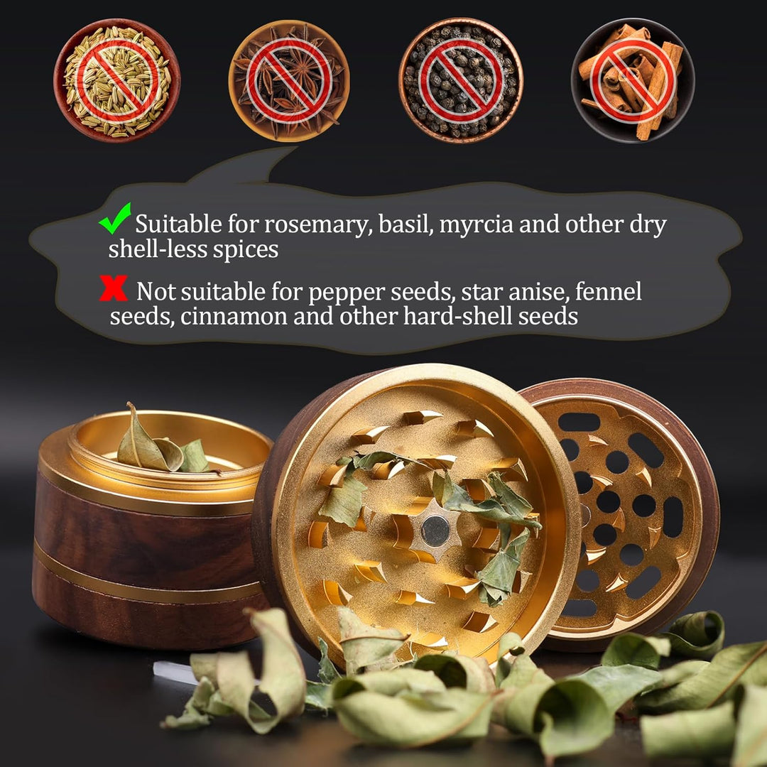Holz Gewürzmühle mit Magnetdeckel, Feinsieb &amp; Aluminiumkern, Ø 63 mm, Gold | Walnussholz-Gewürzmühle