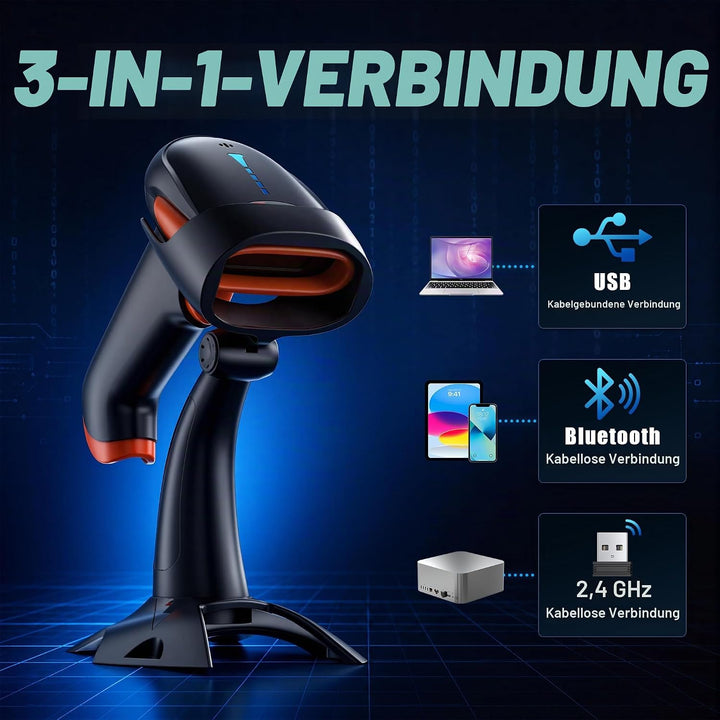 Tera Barcode Scanner 2D 1D 3 in 1 Barcodescanner Wireless 2.4 GHz/Bluetooth/USB Kabelgebunden Strich