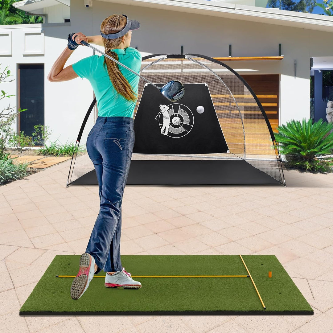GYMAX Golf Abschlagmatte, Golf Übungsmatte mit 2 Gummi-Tees, 2 Ausrichtungsstäben & 6 Abschlagpositi