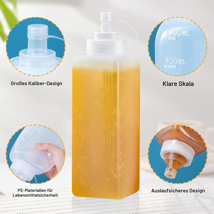 4 Stück Squeeze Flasche, 1000ml Quetschflasche mit Kappen, Squeeze Condiment Flaschen, Leer Plastick