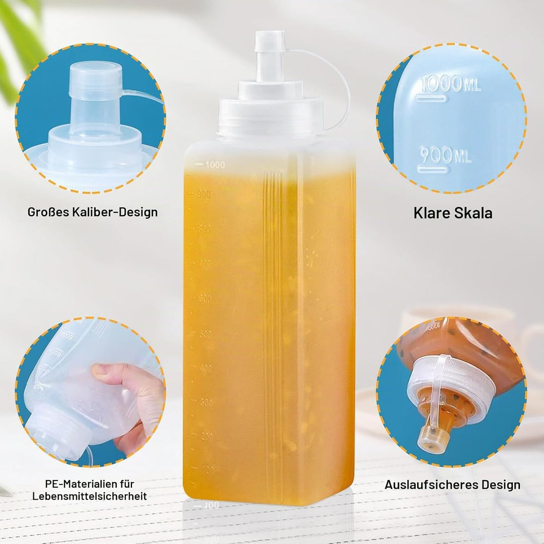 3 Stück Squeeze Flasche, 1000ml Quetschflasche mit Kappen, Squeeze Condiment Flaschen, Dosierflasche