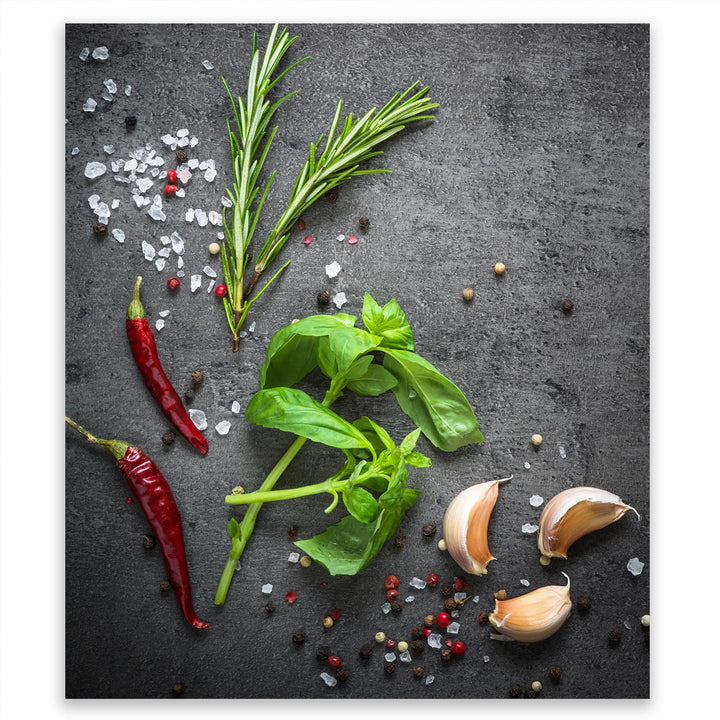 SmartDecoration Herdabdeckplatte Ceranfeldabdeckung aus Glas 45x52 cm Einteilig Motiv "Kräuter" Grau