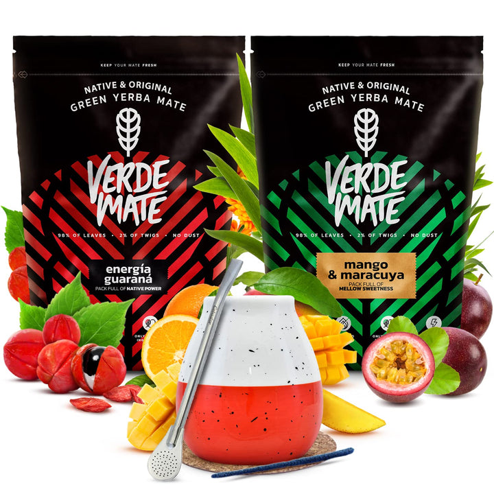 Mate Tee Verde Mate Set 1kg - Yerba Mate Energia Guarana, Mango & Maracuya - Luftgetrocknet, Staubar