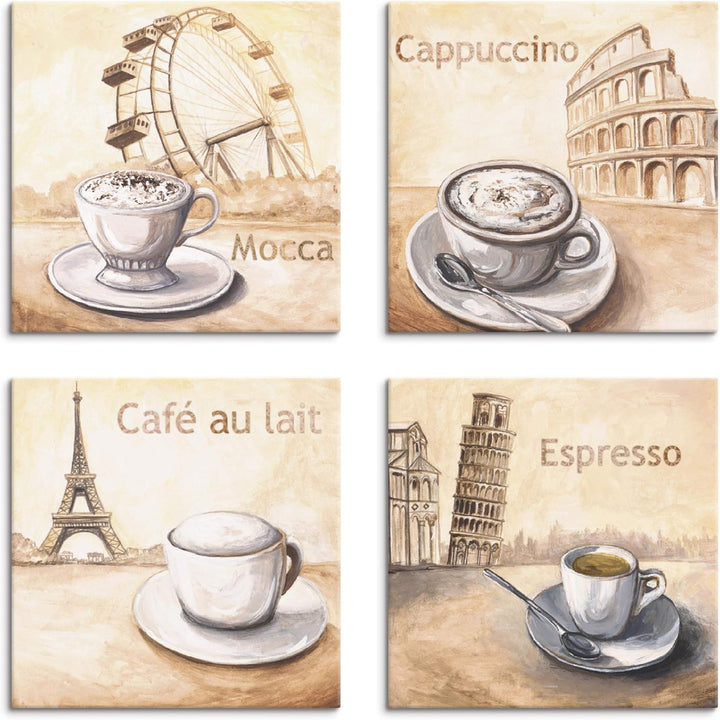 ARTLAND Wanddeko Küchenbilder Leinwand Bilder Set 4 teilig je 30x30 cm Quadratisch Kaffee Bilder Cap