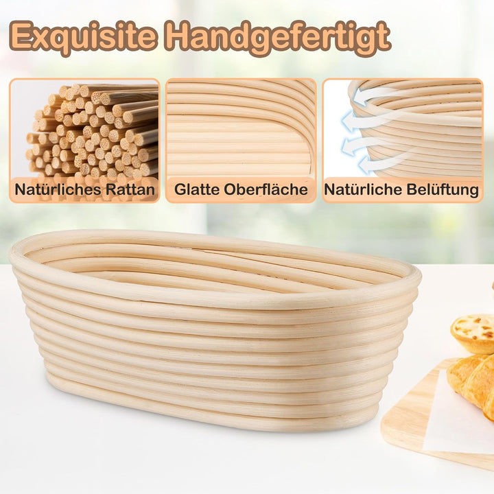 HaWare Gärkörbchen, 25cm Gärkorb Oval Brot Set mit Futter, Bäckermesser, Teigschaber und Backpinsel,