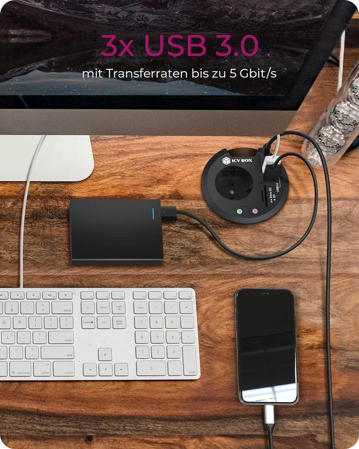 ICY BOX Tisch-Hub mit SD/microSD Kartenleser, 2X Type-A, USB-C, 2X 3,5 mm Audio, IB-HUB1430-CR, 80 m