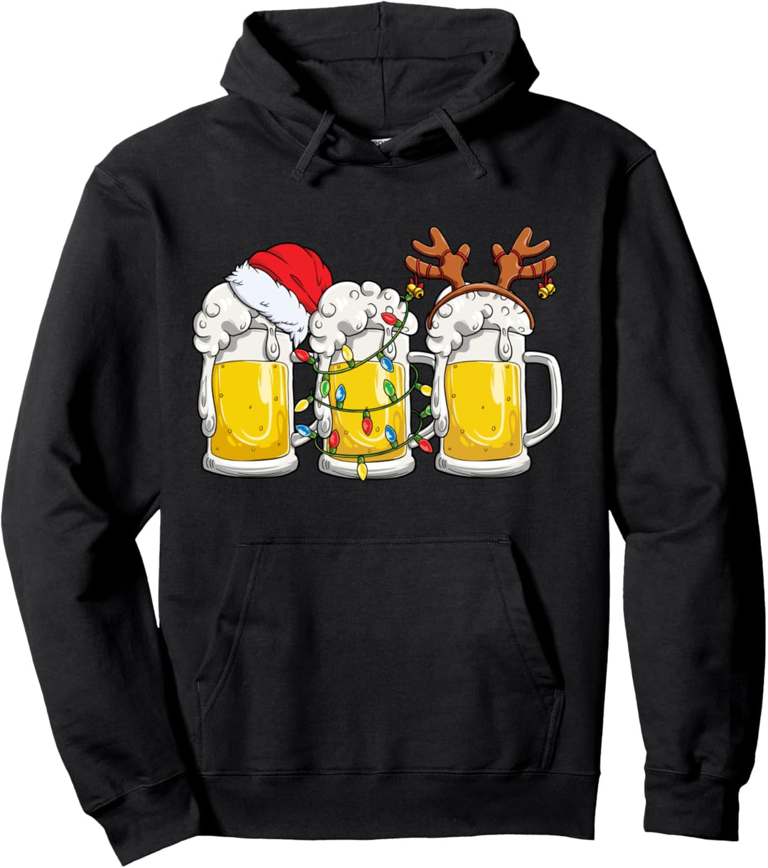 Beer Christmas Mug Santa Reinbeer Xmas lights Gift Men Women Pullover Hoodie
