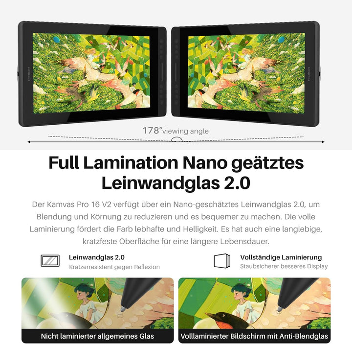 HUION Kamvas Pro 16 V2 Grafiktablett mit Display, 15,6 Zoll Volllaminiertes AG-Glas, 16384 Stiftdruc