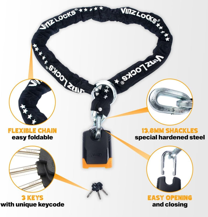 VINZ Batura Motorradschloss 150cm | Massives Kettenschloss 12mm Dicke Kette aus Gehärtetem Stahl | R