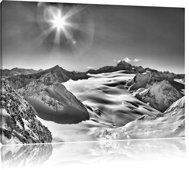 Pixxprint Monocrome, Winterlandschaft Schnee Sonnenschein Wald, Format: 100x70 auf Leinwand, 100x70