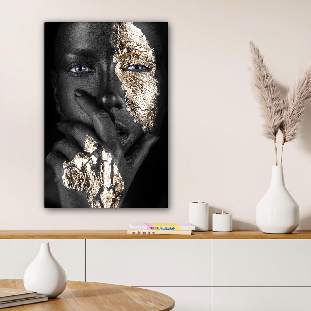 MuchoWow© Bild auf Leinwand 60x90 cm Schlafzimmer Bilder Wand Goldene Deko Wohnzimmer Modern Wanddek