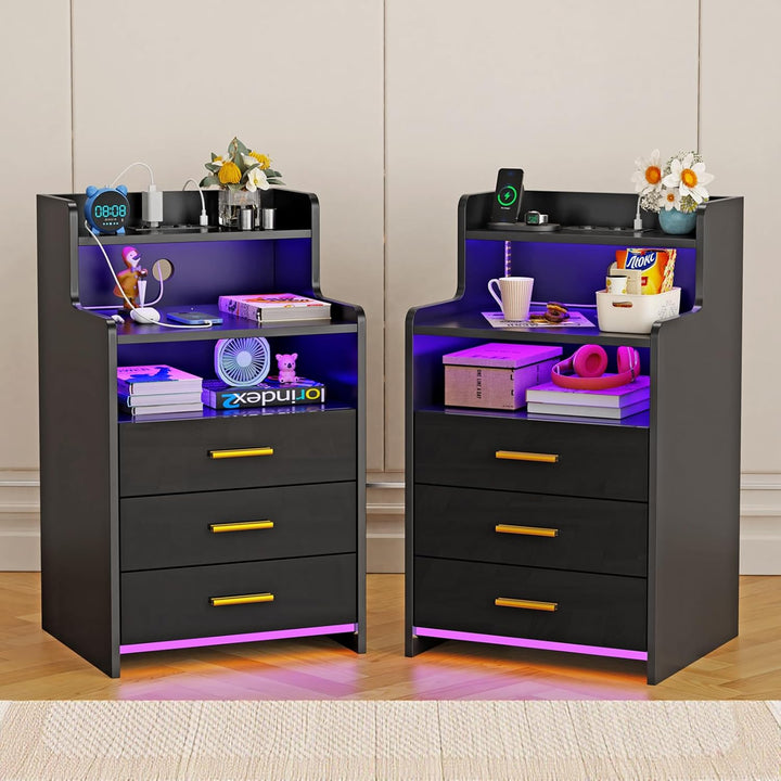 PIPIPOXER 2er Set Nachttisch mit Steckdose und Ladefunktion,Nachtschrank mit 3 Schubladen und 16 Far
