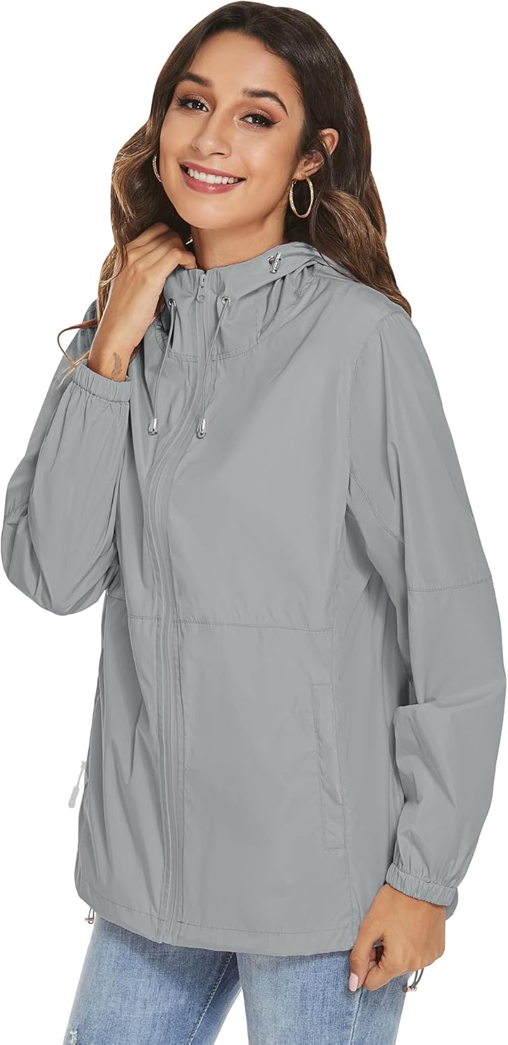 iWoo Regenjacke Damen Wasserdicht Atmungsaktiv Dünne Regenmantel Leichte Jacke Outdoorjacke Windbrea