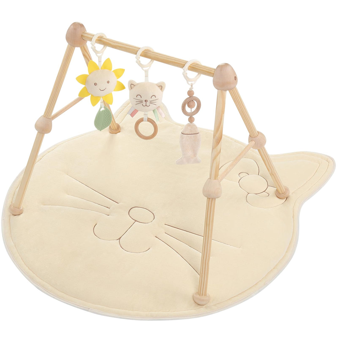 4 IN 1 Katze Spielbogen Baby, Spielmatte Babies mit Natur Holz Activity Spielbogen, 3 abnehmbaren Sp