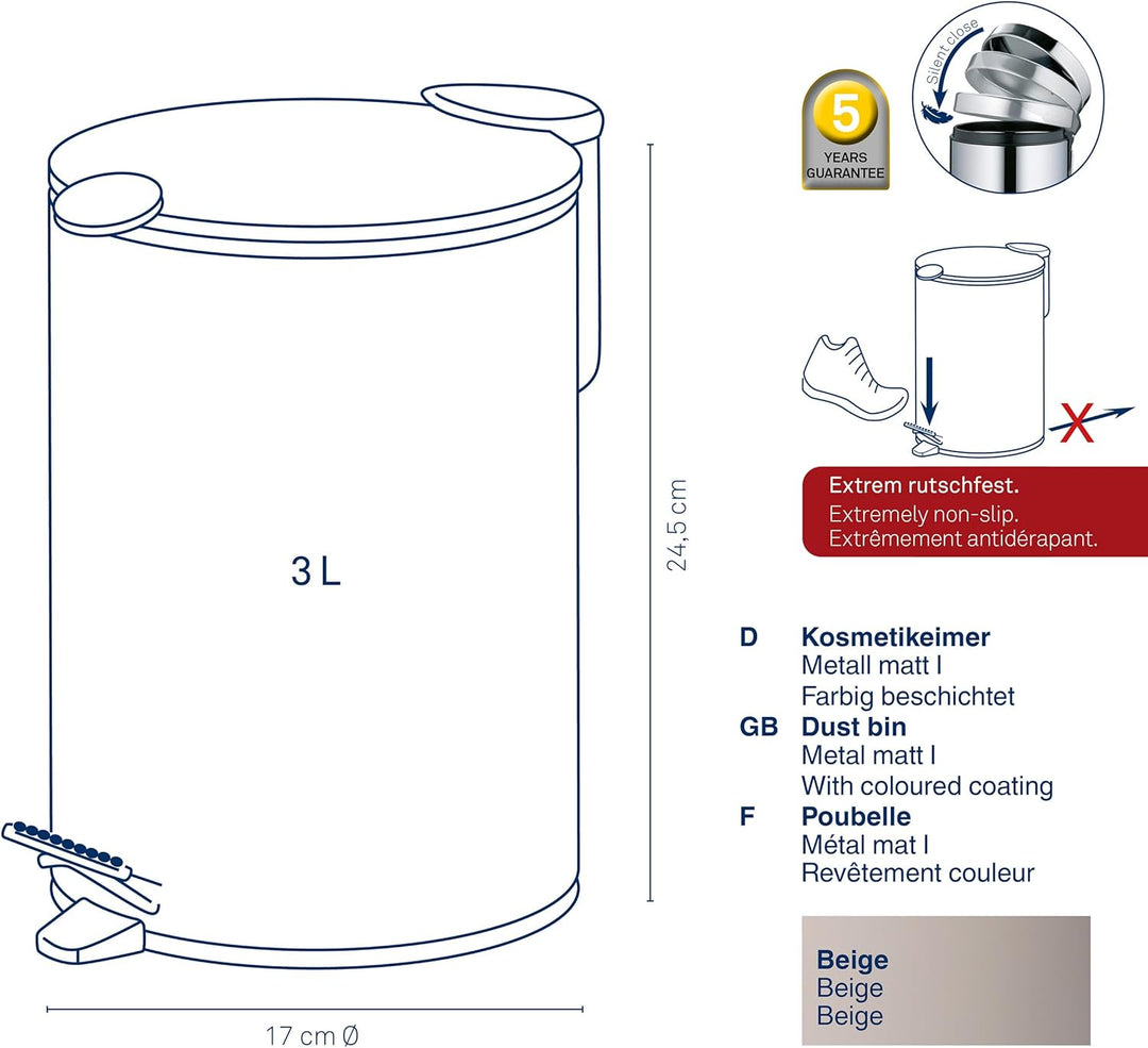 kela Kosmetikeimer Mats, 3 L, Ø 17 cm, Metall, beige, Silent-Close, herausnehmbarer Inneneimer mit T