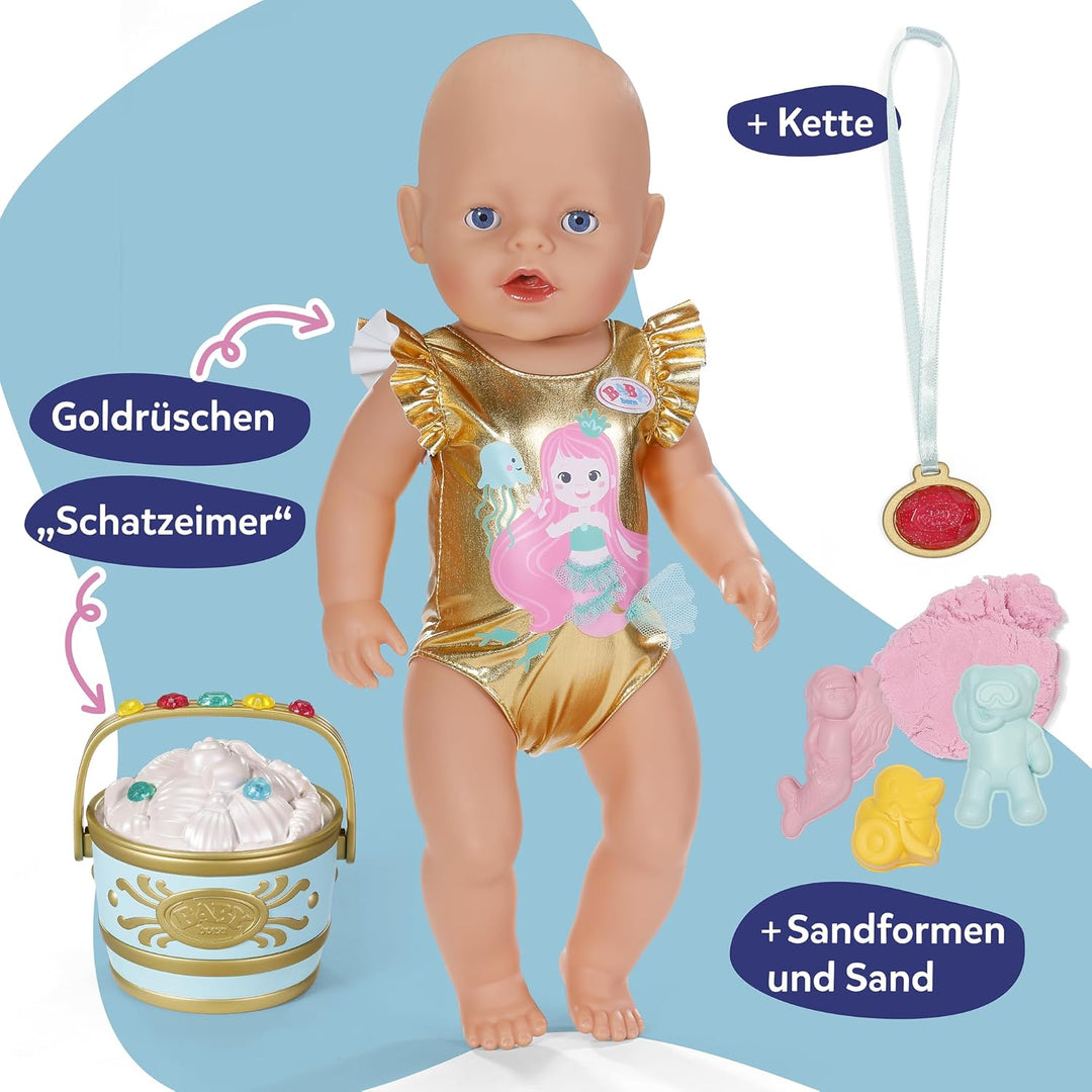 Baby Born Strandüberraschung Set mit Badeanzug im Meerjungfrauen-Print, Sandförmchen, formbarem Sand