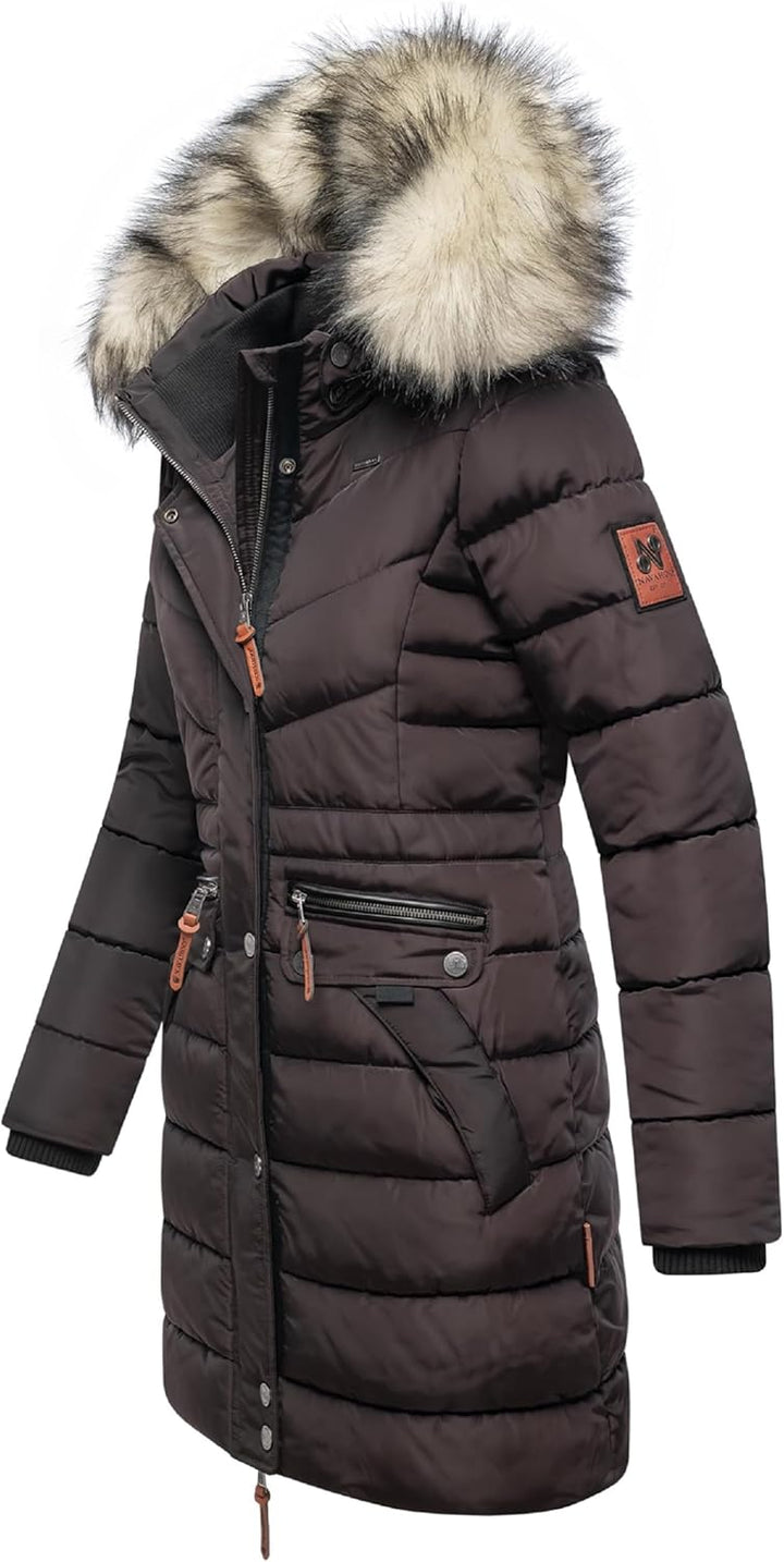 Navahoo Damen Wintermantel warmer Steppmantel lang mit abnehmbarer Kunstfell-Kapuze Paula XS-5XL S C