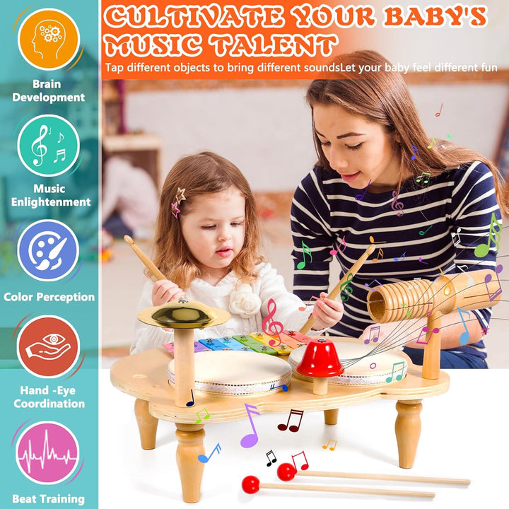 10-in-1 Holz-Musikinstrumente Set – Kinderschlagzeug | Montessori Lernspielzeug mit Xylophon,Trommel