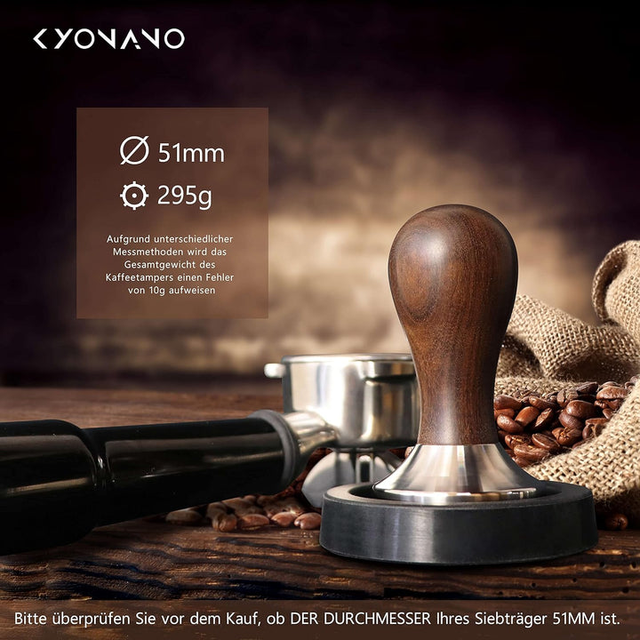 KYONANO Tamper 51 mm, Kaffee Tamper aus Edelstahl 304 & Chacate Pretoholz, Espresso Tamper inkl. Tam