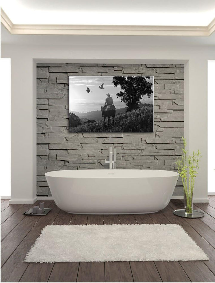 Pixxprint EIN Cowboy im Sonnenuntergang Kunst B&W, Format: 100x70 auf Leinwand, 100x70