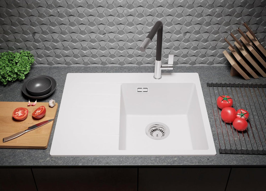 Spülbecken Weiss 62x50 cm, Granitspüle + Ablauf-Set + Küchenarmatur 5000, Küchenspüle für 40er Unter