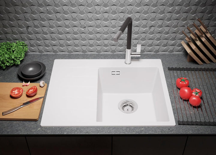 Granitspüle Weiss 62x50 cm, Spülbecken + Ablauf-Set + Küchenarmatur 9000, Küchenspüle für 40er Unter