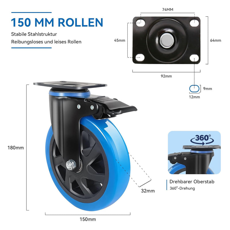 BAOLIHUI 150mm Schwerlastrollen Blau 4er Set Möbelrollen Bis zu 1000KG, 360 Grad Doppelverriegelung
