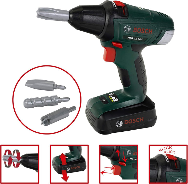 Theo Klein 8577 Bosch Bauarbeiter-Set I Akkuschrauber und Kettensäge mit Licht und Sound I Inkl. Zub